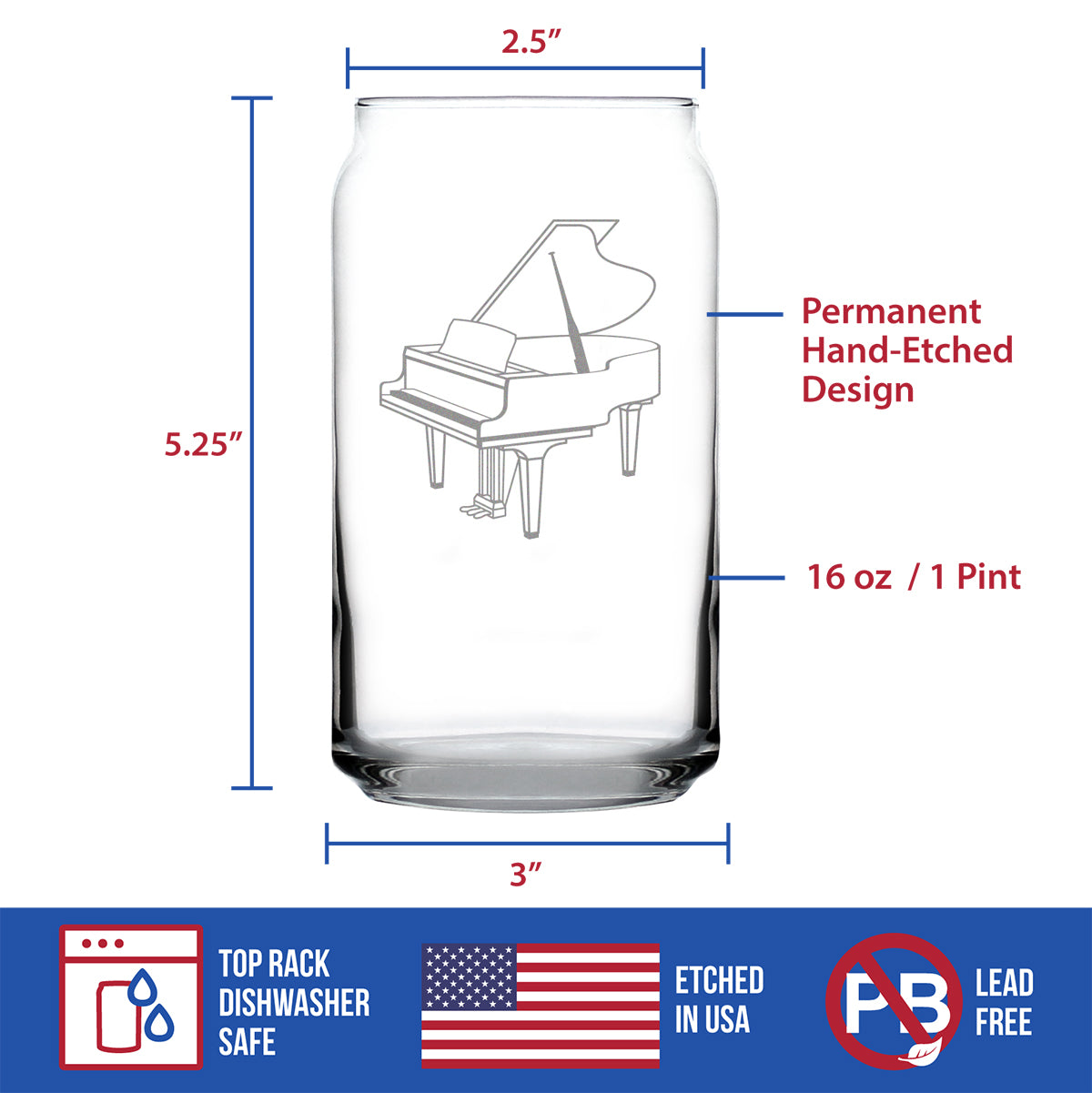 Grand Piano Beer Can Pint Glass - Music Gifts for Piano Players, Teachers and Musical Accessories for Musicians that Play Keys - 16 Oz Glasses