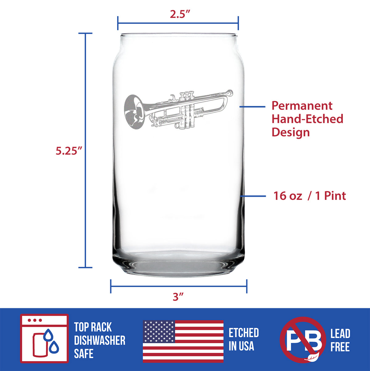 Trumpet Beer Can Pint Glass - Music Gifts for Trumpet Players, Teachers and Musical Accessories for Musicians that Play Trumpets - 16 Oz Glasses