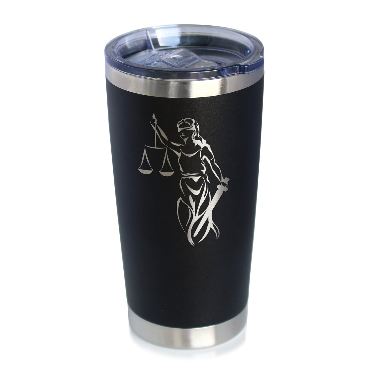 Lady Justice - Insulated Coffee Tumbler Cup with Sliding Lid - Stainless Steel Travel Mug - Unique Lawyer Gifts for Women and Men