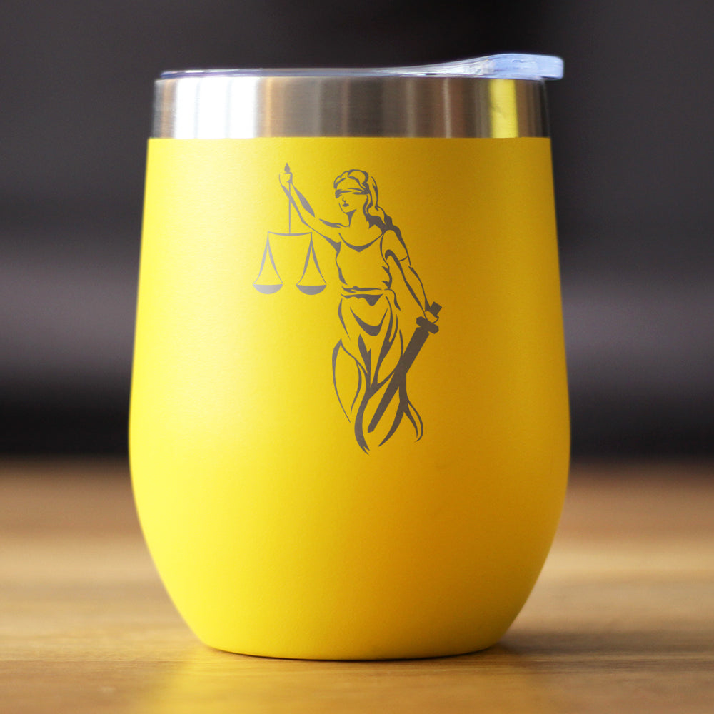 Lady Justice - Wine Tumbler Glass with Sliding Lid - Stainless Steel Travel Mug - Unique Lawyer Gifts for Women and Men