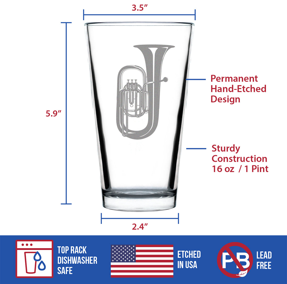 Tuba Pint Glass for Beer - Fun Tuba Gifts for Tuba Players in Band and Orchestra - 16 Oz Glasses