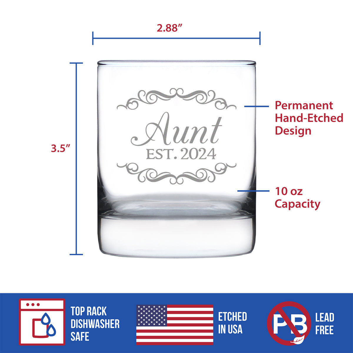 Aunt Est 2024 - New Aunties Whiskey Rocks Glass Gift for First Time Aunts - Decorative 10.25 Oz Glasses