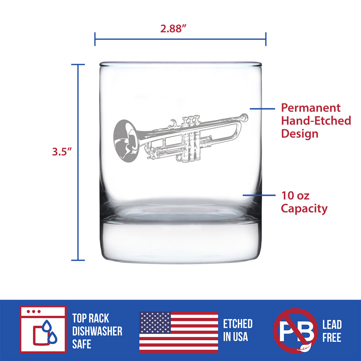 Trumpet Rocks Glass - Music Gifts for Trumpet Players, Teachers and Musical Accessories for Musicians that Play Trumpets - 10.25 Oz Glasses