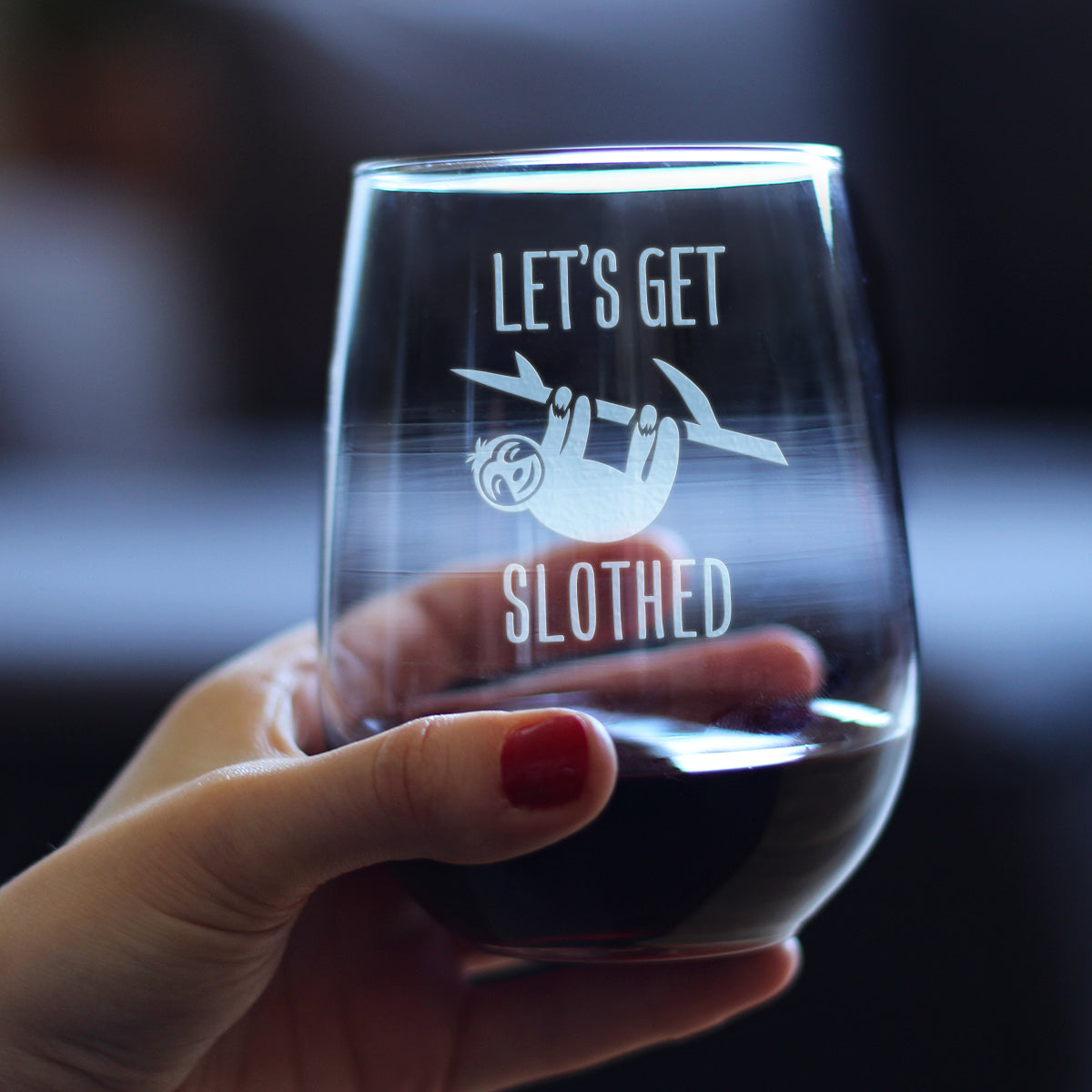 Let’s Get Slothed – Cute Funny Stemless Wine Glass, Large 17 Ounces, Etched Sayings, Gift Box