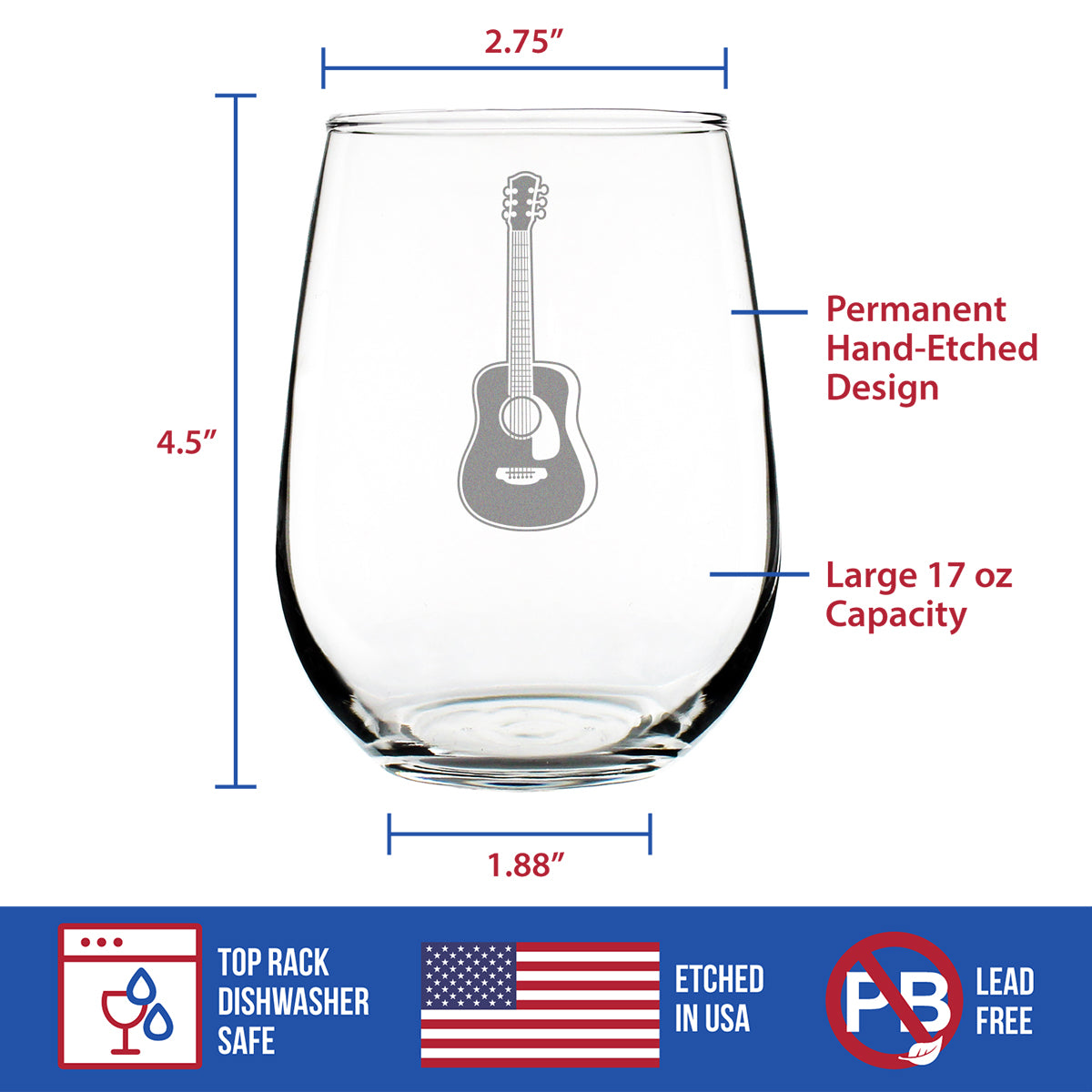 Guitar - Stemless Wine Glass - Fun Musician Gifts and Musical Accessories for Women and Men - Large 17 Oz Glasses