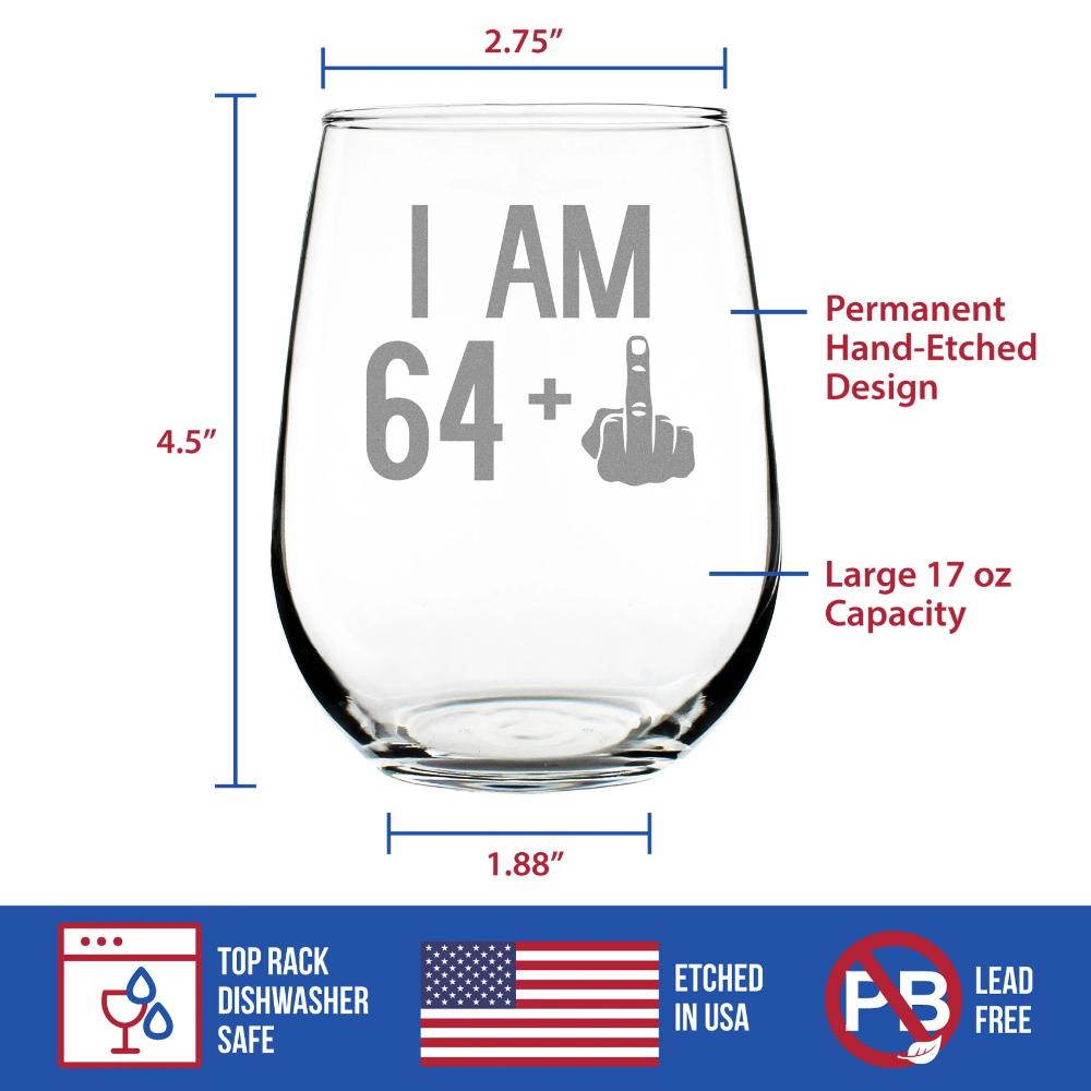64 + 1 Middle Finger - 65th Birthday Stemless Wine Glass for Women &amp; Men - Cute Funny Wine Gift Idea - Unique Personalized Bday Glasses for Mom, Dad, Friend Turning 65 - Drinking Party Decoration