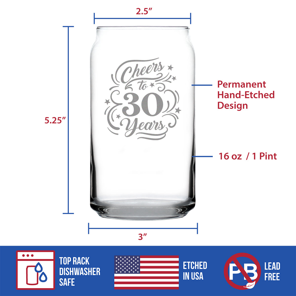 Cheers to 30 Years - Beer Can Pint Glass Gifts for Women &amp; Men - 30th Anniversary Party Decor - 16 Oz Glasses