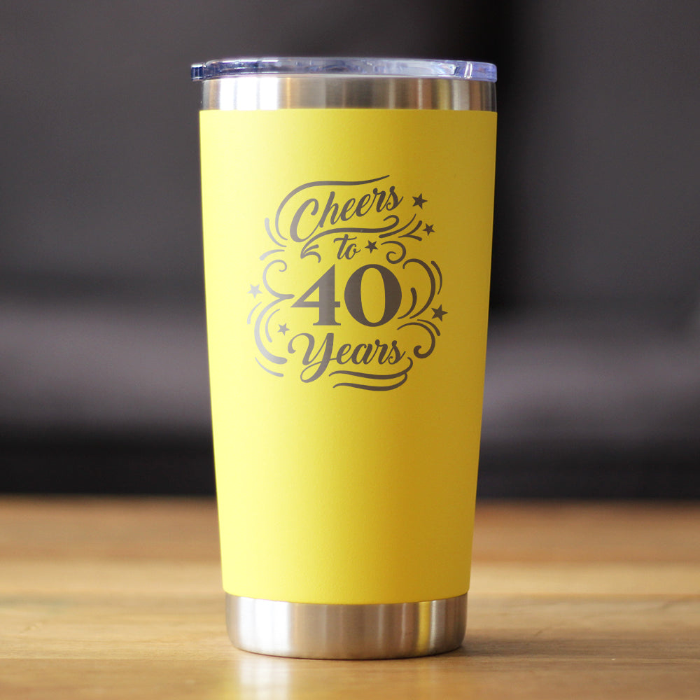 Cheers to 40 Years - Insulated Coffee Tumbler Cup with Sliding Lid - Stainless Steel Insulated Mug - 40th Anniversary Gifts and Party Decor