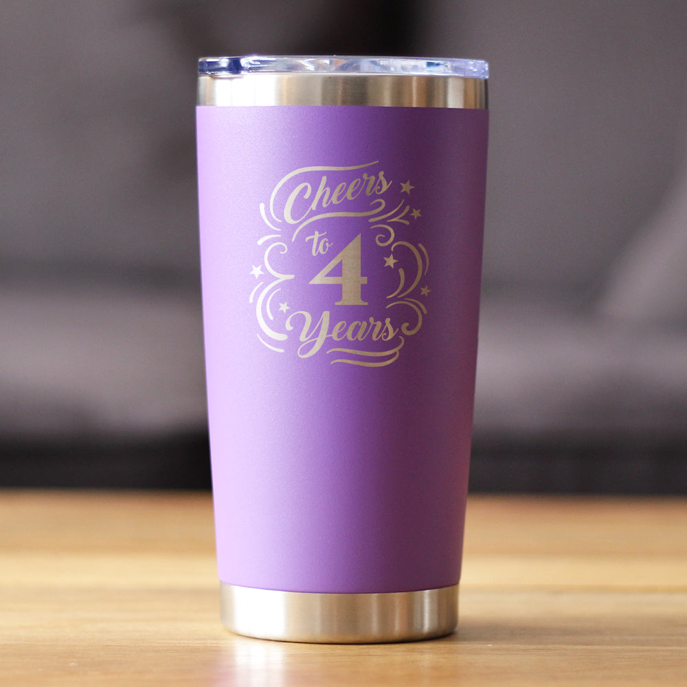 Cheers to 4 Years - Insulated Coffee Tumbler Cup with Sliding Lid - Stainless Steel Insulated Mug - 4th Anniversary Gifts and Party Decor