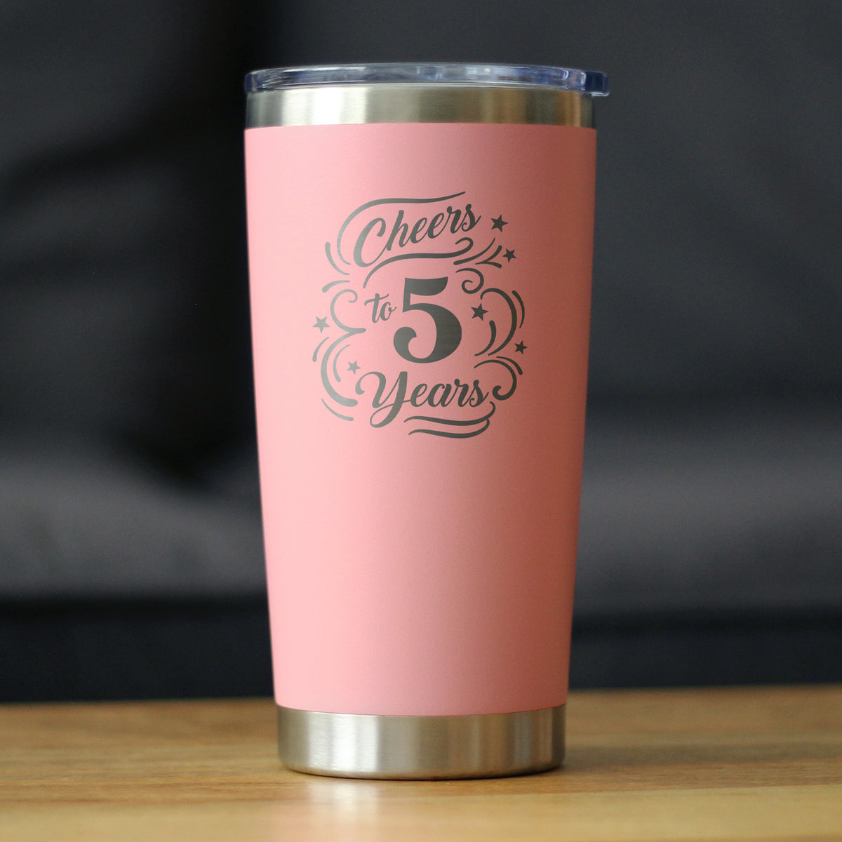 Cheers to 5 Years - Insulated Coffee Tumbler Cup with Sliding Lid - Stainless Steel Insulated Mug - 5th Anniversary Gifts and Party Decor
