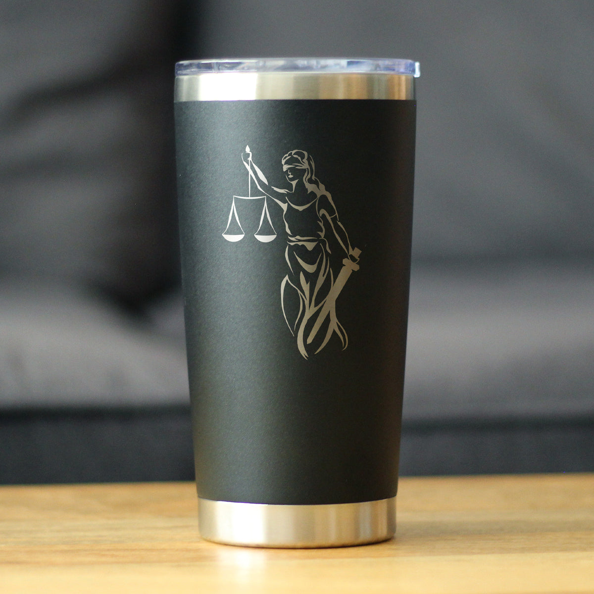 Lady Justice - Insulated Coffee Tumbler Cup with Sliding Lid - Stainless Steel Travel Mug - Unique Lawyer Gifts for Women and Men