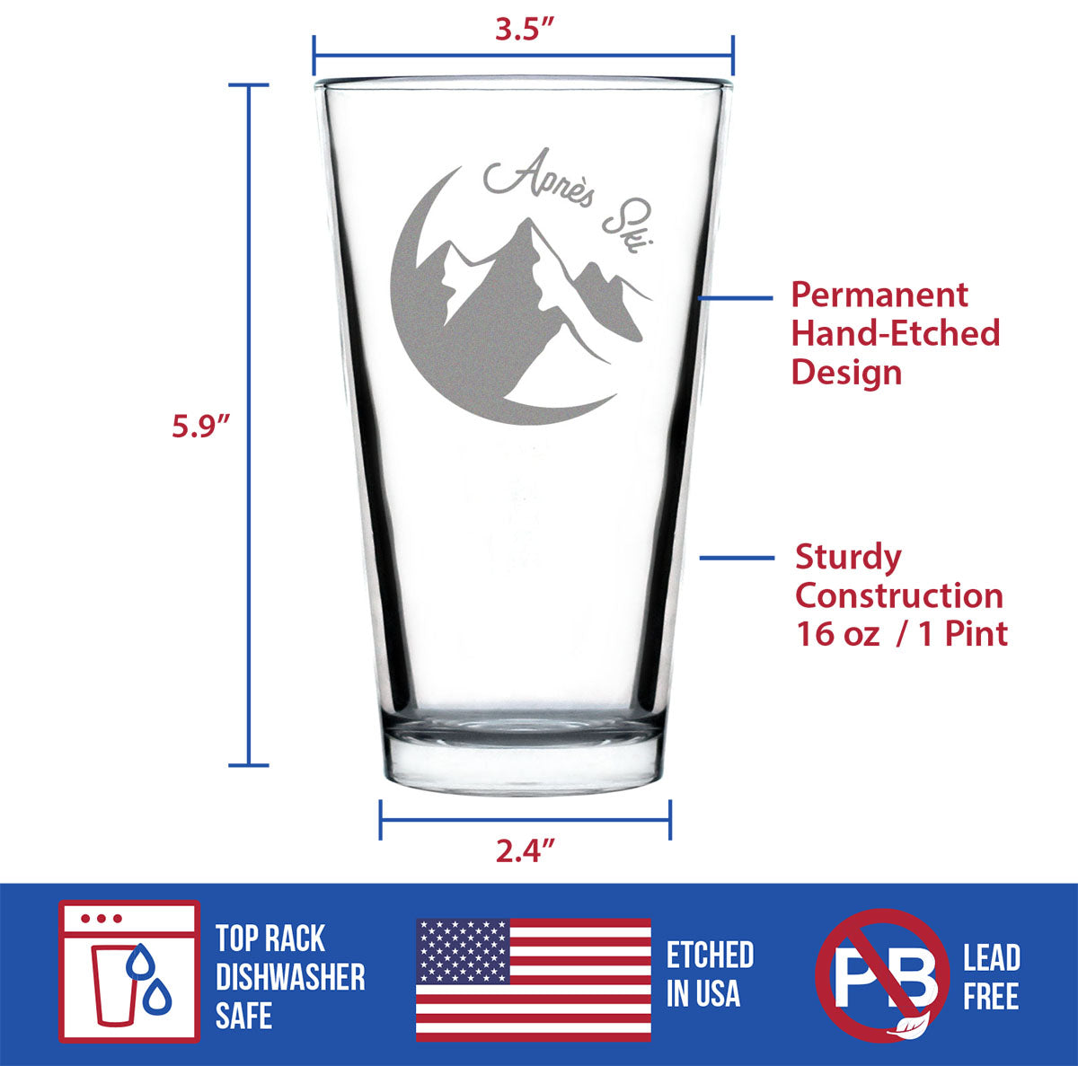 Apres Ski - Pint Glass for Beer - Unique Skiing Themed Decor and Gifts for Mountain Lovers - 16 oz Glasses