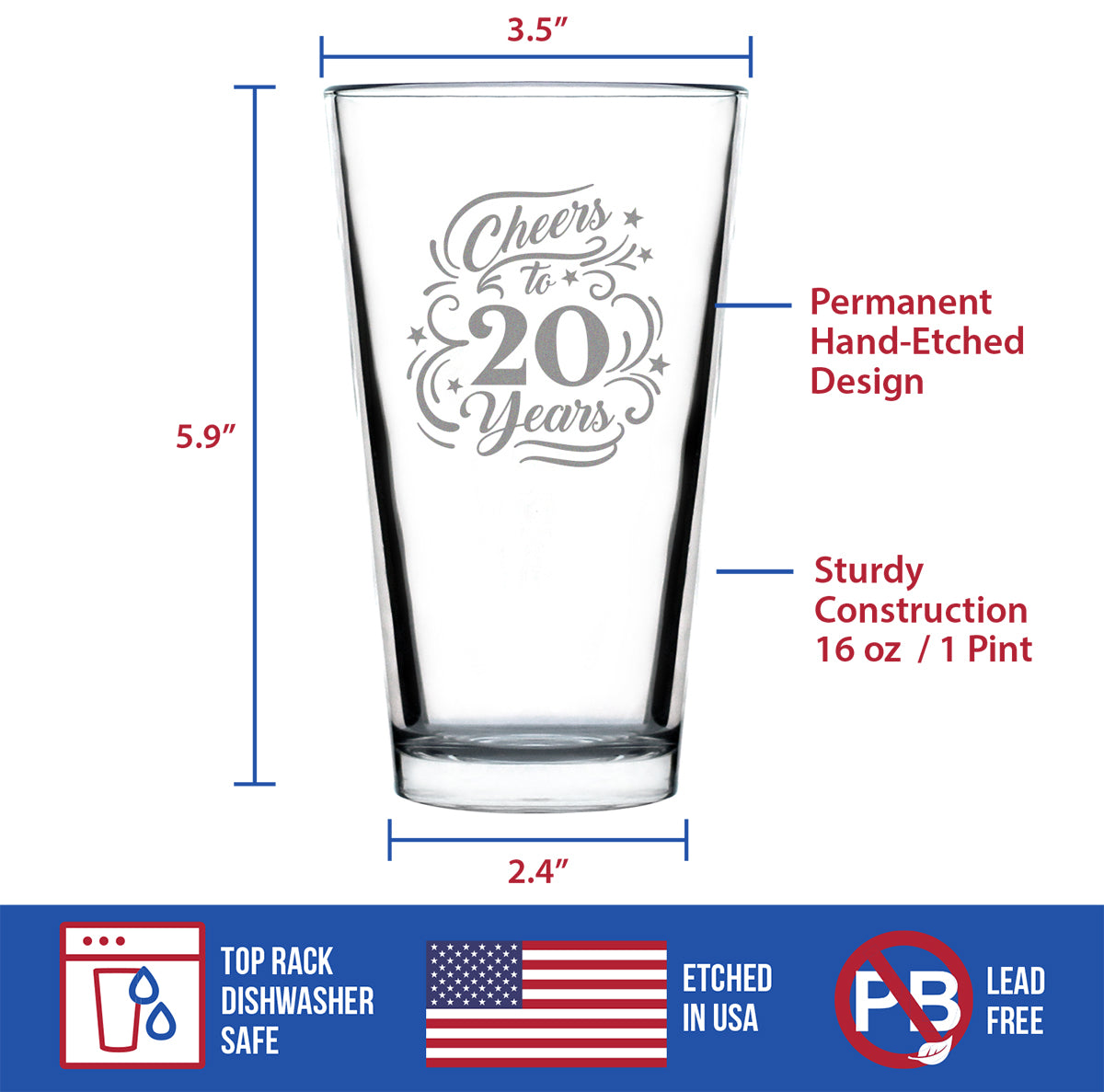 Cheers to 20 Years - Pint Glass for Beer - Gifts for Women &amp; Men - 20th Anniversary Party Decor - 16 Oz Glasses