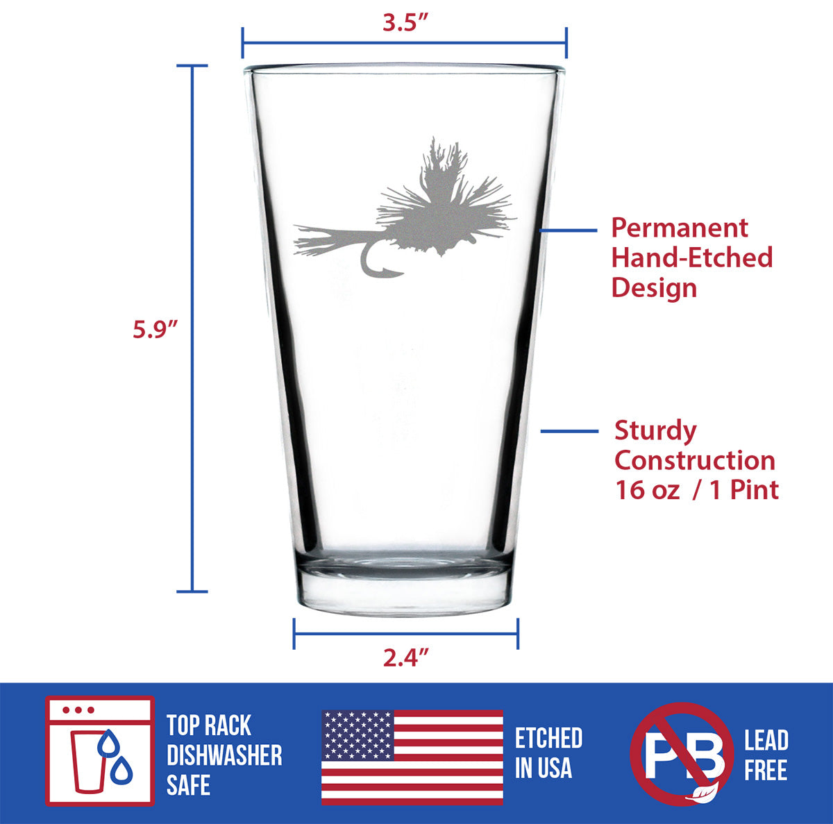 Fly Fishing Pint Glass for Beer - Unique Flyfishing Themed Gifts for Fishermen - 16 oz Glasses