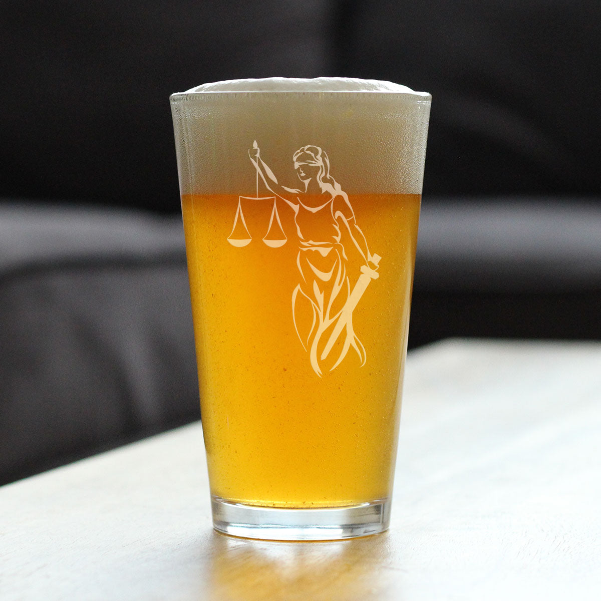 Lady Justice - Pint Glass for Beer - Lawyers and Attorneys Themed Gifts or Party Decor for Women and Men - 16 oz Glasses