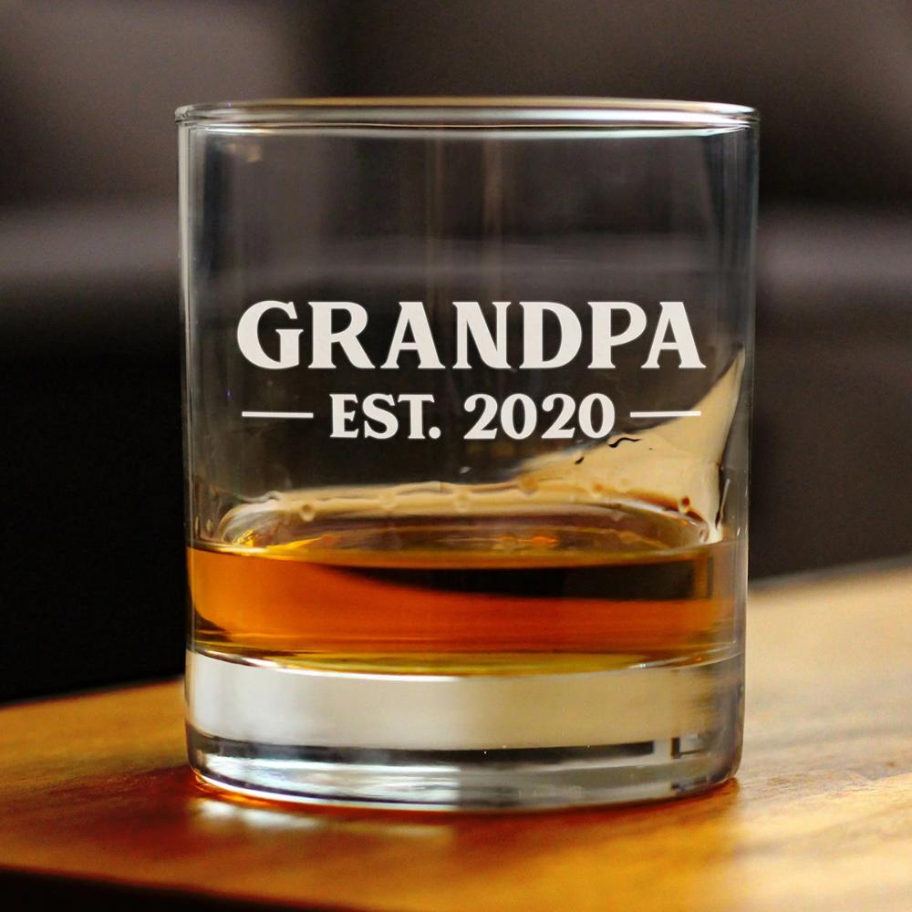 Grandpa Est 2020 - New Grandfather Whiskey Rocks Glass Gift for First Time Grandparents - Bold 10.25 Oz Glasses