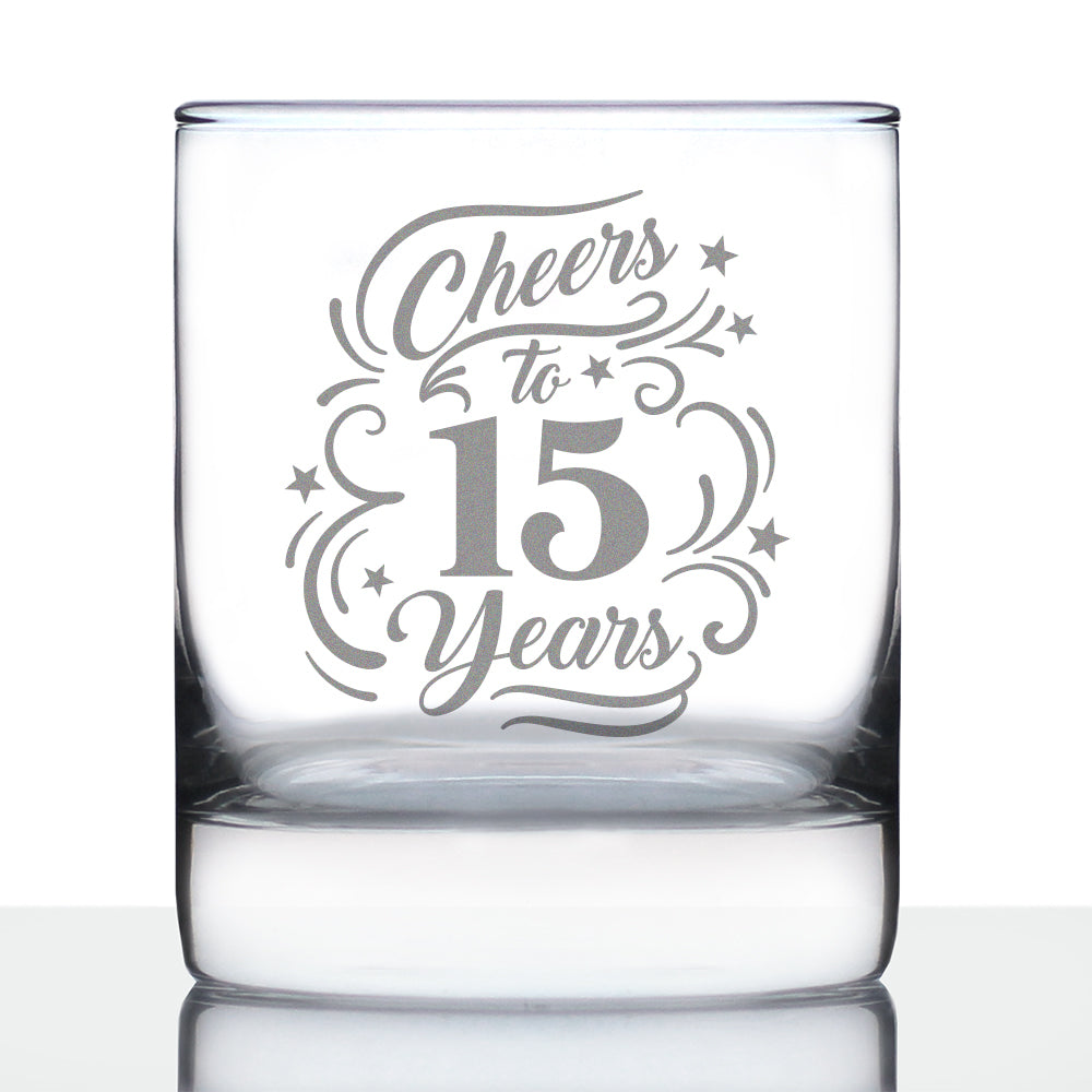Cheers to 15 Years - Whiskey Rocks Glass Gifts for Women &amp; Men - 15th Anniversary Party Decor - 10.25 Oz Glasses