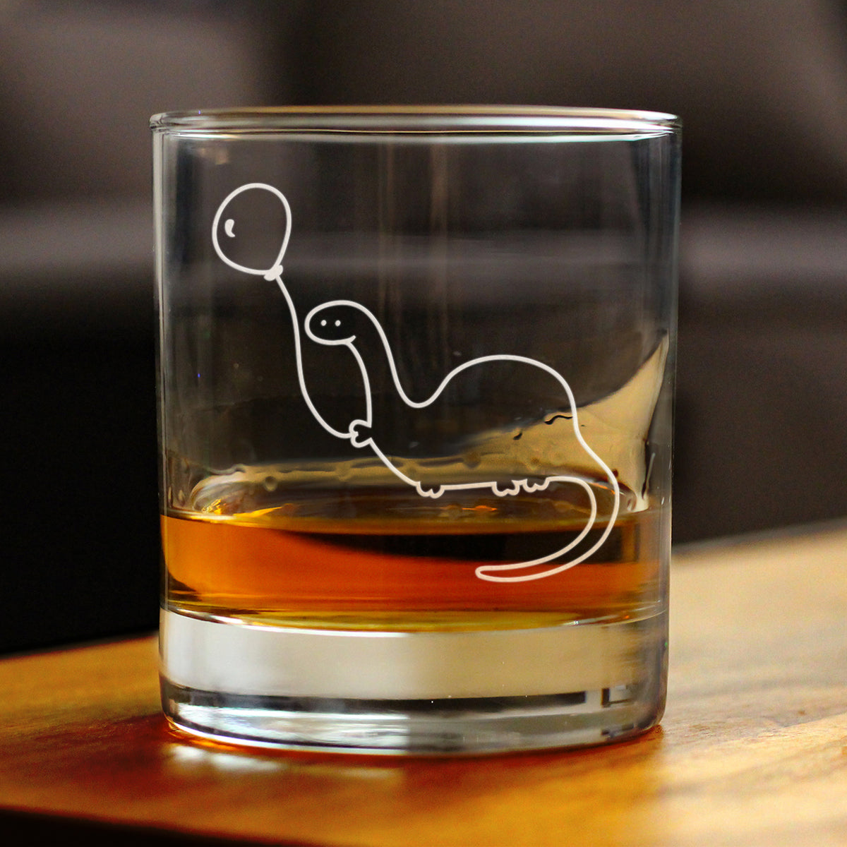 Dinosaur With Birthday Balloon - Whiskey Rocks Glass - Cute Funny Dino Themed Gifts and Decor for Dinosaur Lovers - 10.25 Oz Glass