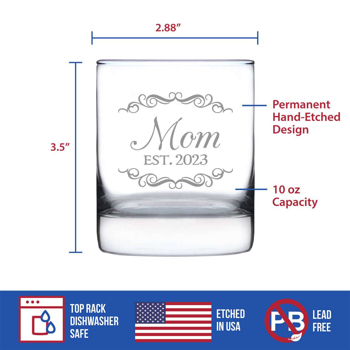 Mom Est. 2023 - Decorative - 10 Ounce Rocks Glass