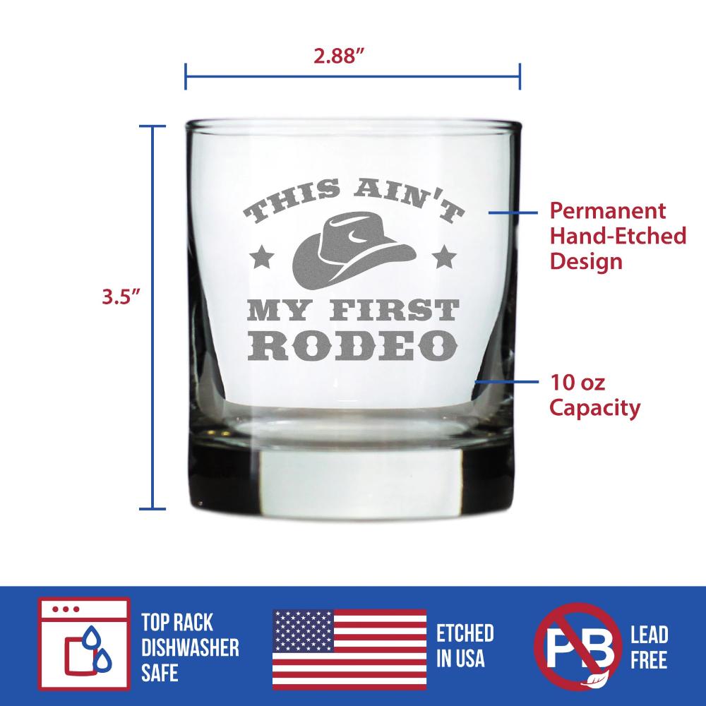 Ain&#39;t My First Rodeo - Whiskey Rocks Glass Gift - Funny Cowboy or Cowgirl Gifts for Men &amp; Women - Engraved Sayings