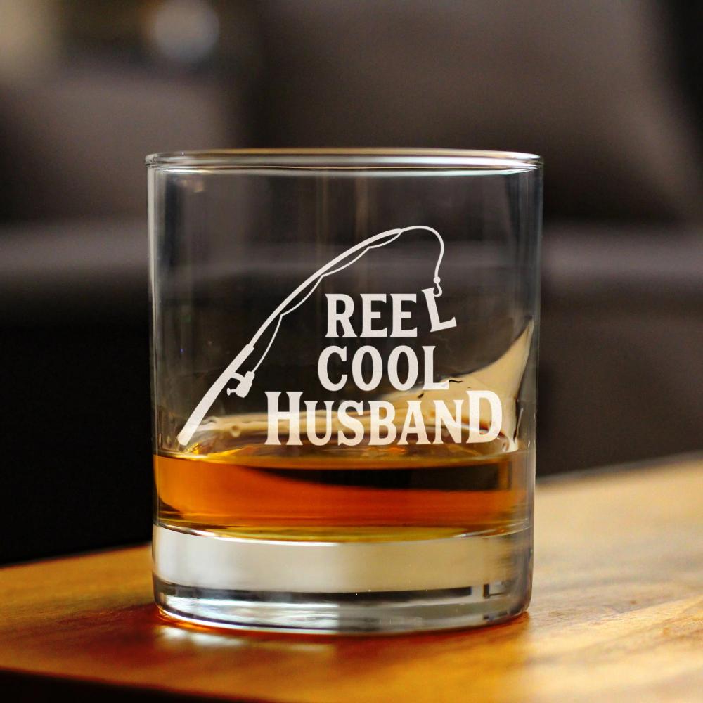 Reel Cool Husband - Funny Whiskey Rocks Glass - Fishing Gifts for Husbands - Engraved 10.25 oz Glasses - Fun Fish Cups