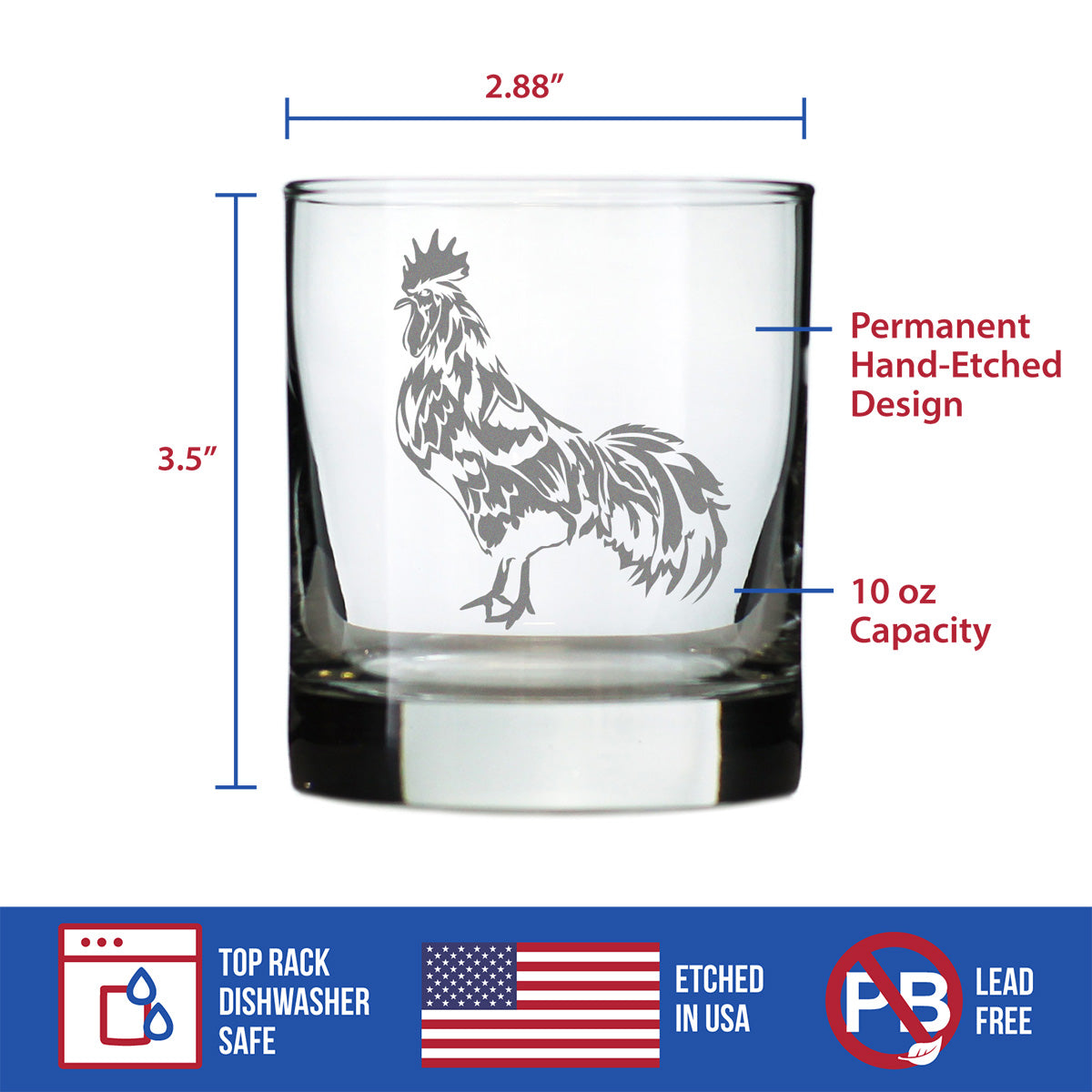 Rooster Whiskey Rocks Glass - Unique Funny Farm Animal Themed Decor and Chicken Gifts - 10.25 Oz