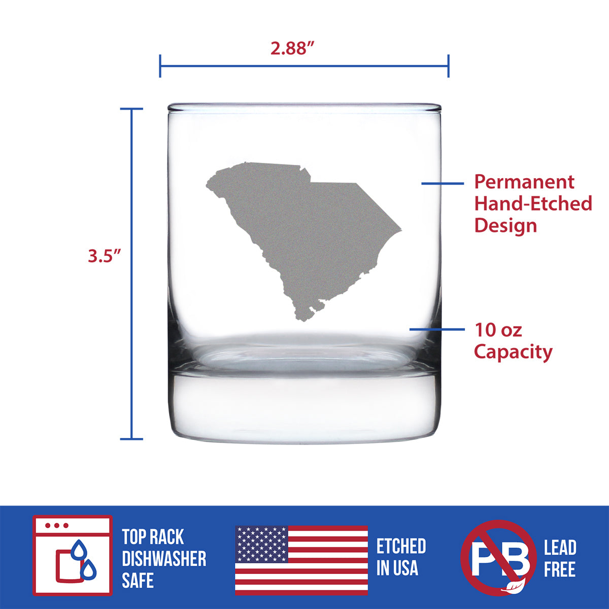 South Carolina State Outline Whiskey Rocks Glass - State Themed Drinking Decor and Gifts for South Carolinian Women &amp; Men - 10.25 Oz Whisky Tumbler Glasses