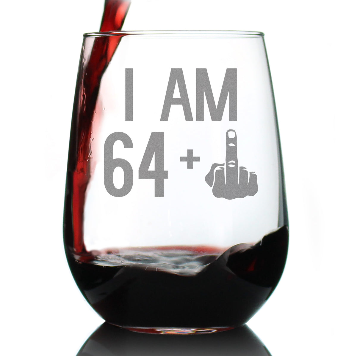64 + 1 Middle Finger - 65th Birthday Stemless Wine Glass for Women &amp; Men - Cute Funny Wine Gift Idea - Unique Personalized Bday Glasses for Mom, Dad, Friend Turning 65 - Drinking Party Decoration