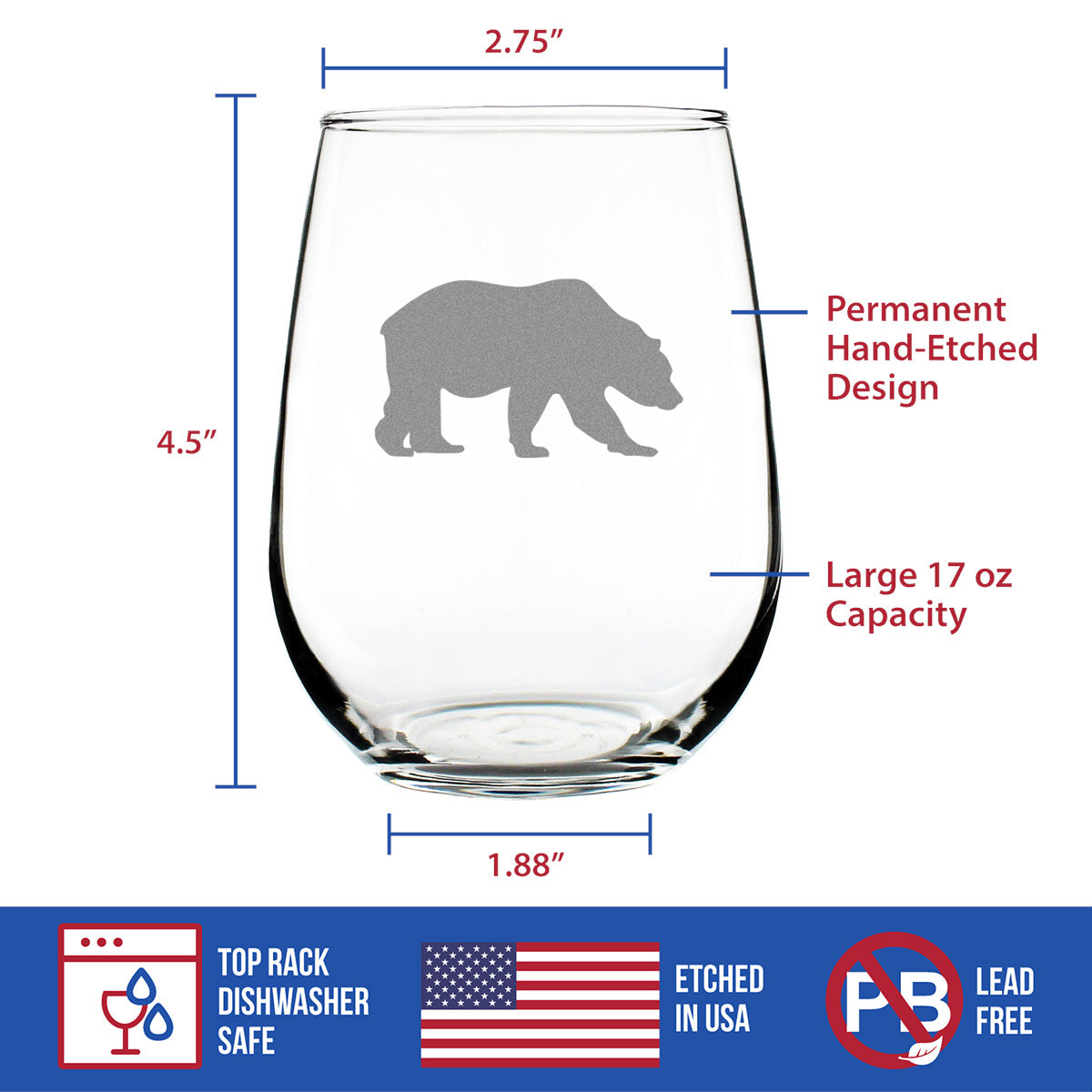Bear Stemless Wine Glass - Cabin Themed Gifts or Rustic Decor for Women and Men - Engraved Silhouette - Large