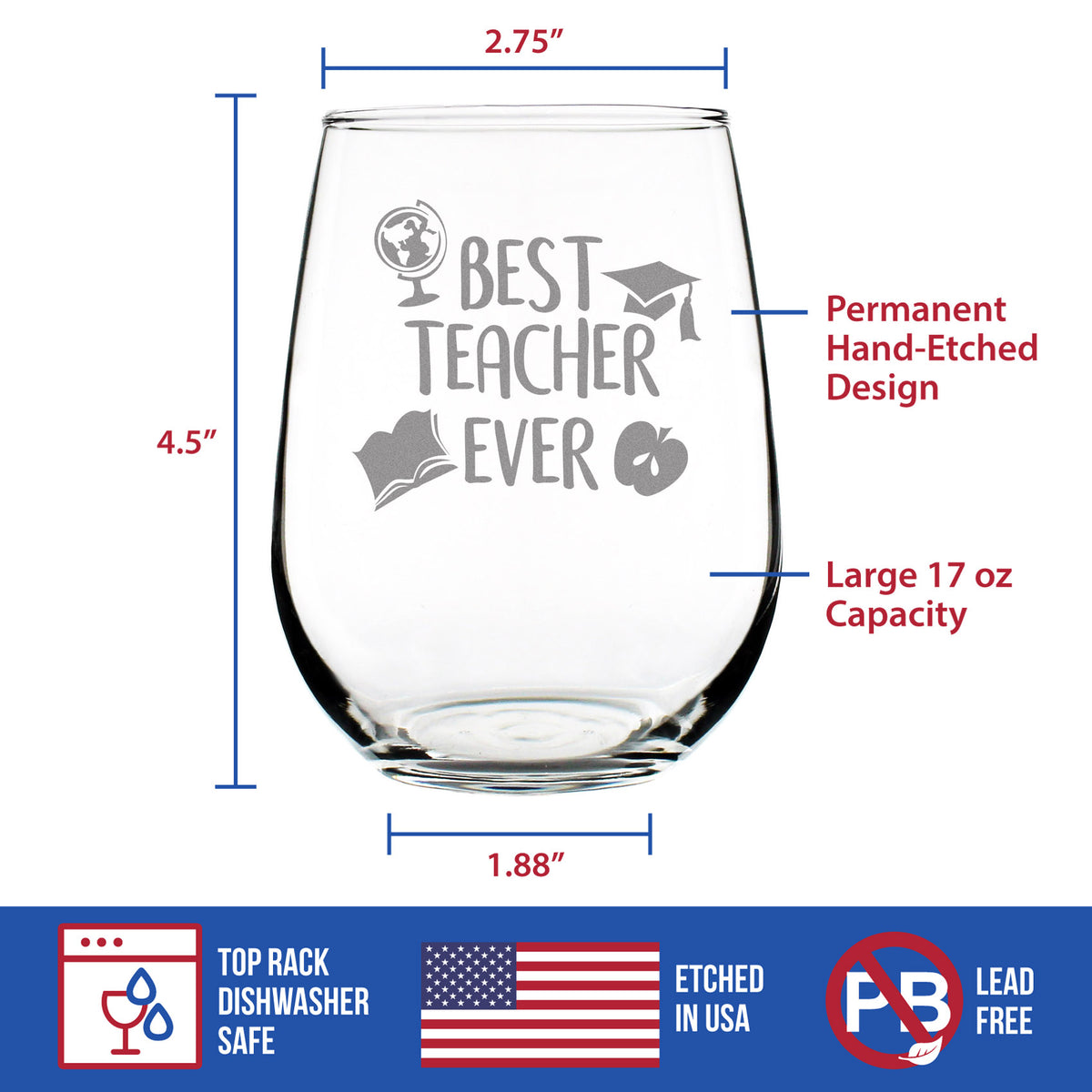 Best Teacher Ever – Stemless Wine Glass - Cute Funny Teacher Gifts for Women &amp; Men - Fun Teacher Decor - Large