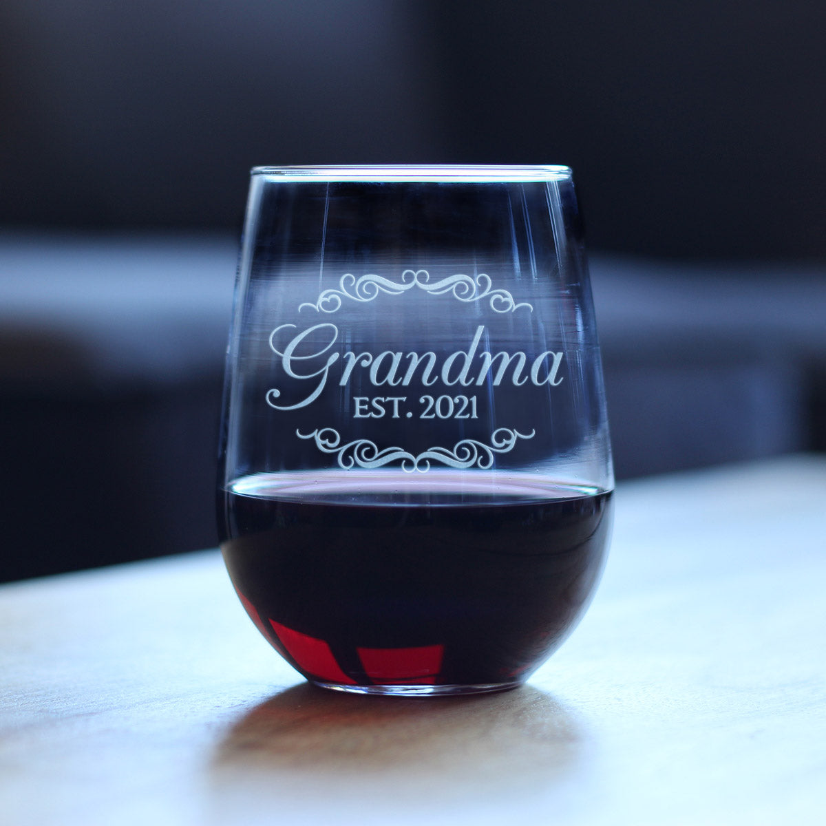 Grandma Est 2021 - New Grandmother Stemless Wine Glass Gift for First Time Grandparents - Decorative 17 Oz Large Glasses