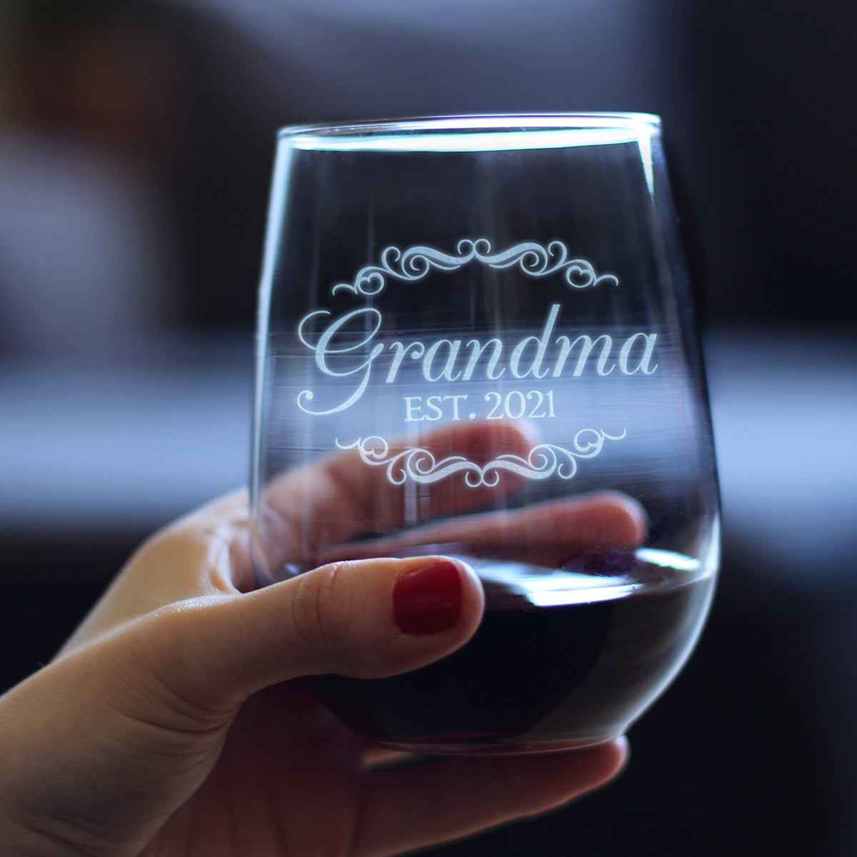 Grandma Est 2021 - New Grandmother Stemless Wine Glass Gift for First Time Grandparents - Decorative 17 Oz Large Glasses
