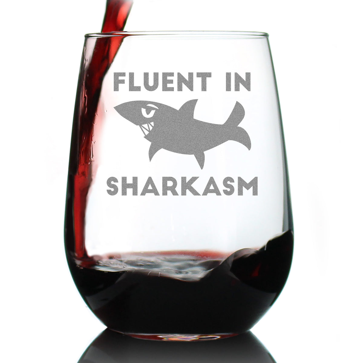 Fluent in Sharkasm - Shark Stemless Wine Glass Gifts for Sarcastic Mom or Dad Joke Experts - Funny Glasses with Sayings for Drinking - Large 17 Ounce