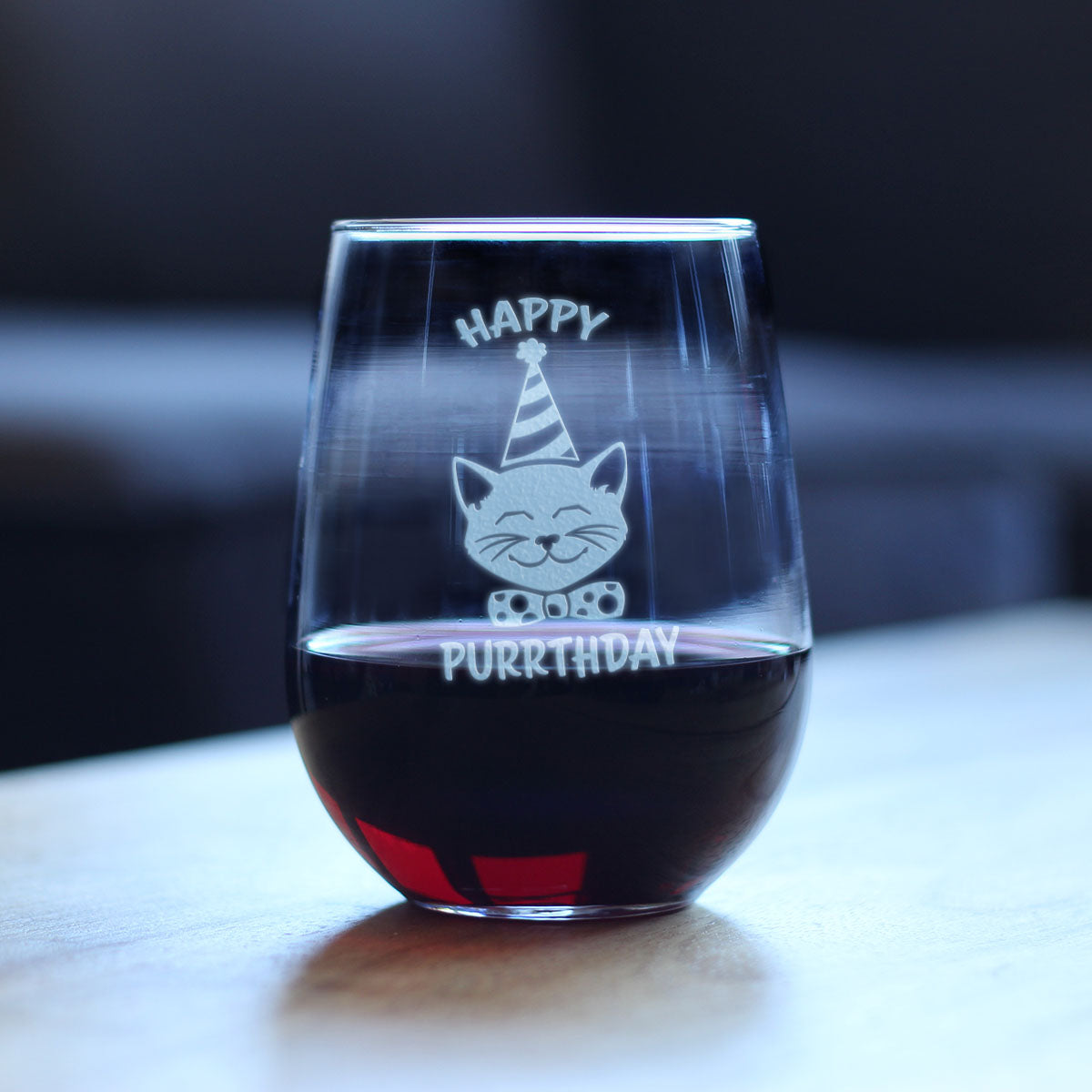 Happy Purrthday - Funny Cat Stemless Wine Glass for Birthday - Cute Cat Themed Bday Party Gifts and Decor - Large 17 Oz