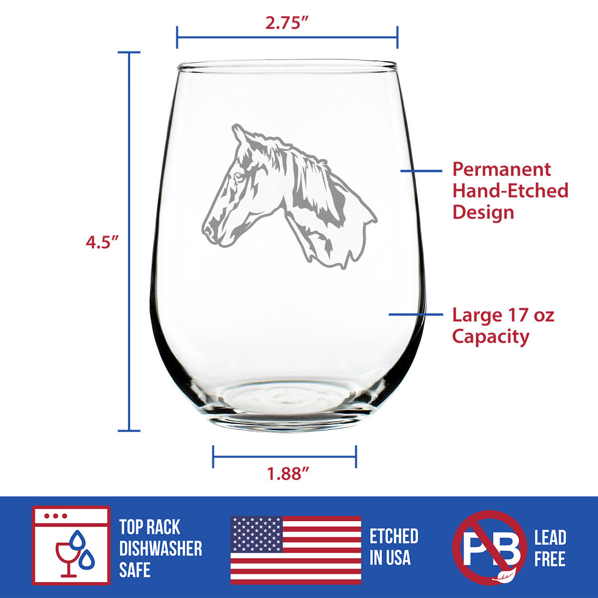 Horse Face Stemless Wine Glass - Western Themed Farm Decor and Gifts for Horseback Riders - Large 17 Oz Glasses