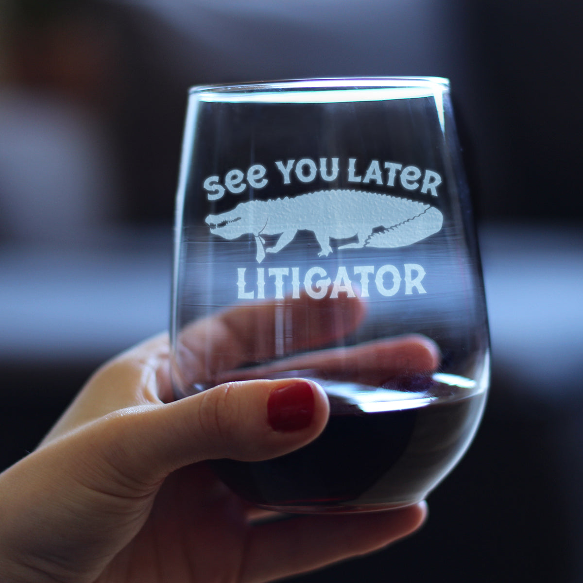 See You Later Litigator - Stemless Wine Glass - Funny Lawyer Gifts for Law School Graduates - Large 17 Oz Glass