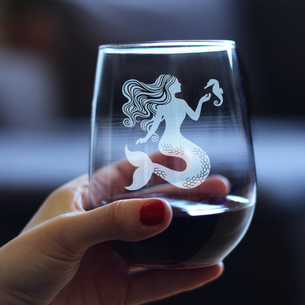 Mermaid Stemless Wine Glass - Fun Mermaids Themed Decor and Gifts for Beach Lovers - Large 17 Oz Glasses