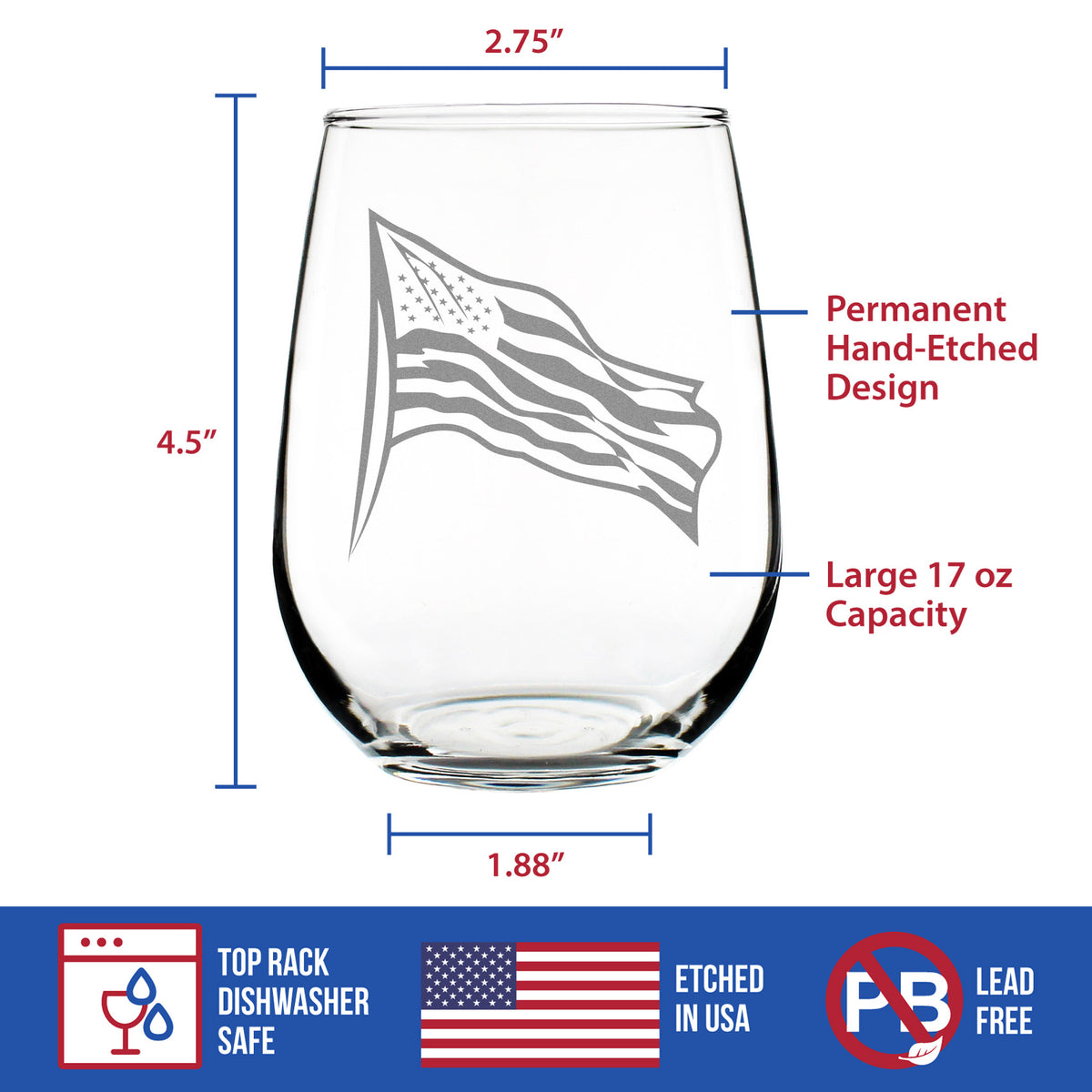 American Flag - 17 Ounce Stemless Wine Glass