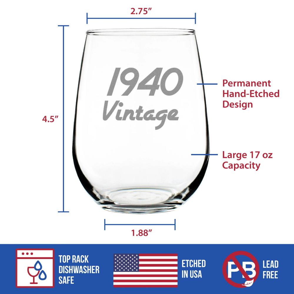 Vintage 1940 - 84th Birthday Stemless Wine Glass Gifts for Women &amp; Men Turning 84 - Bday Party Decor - Large Glasses