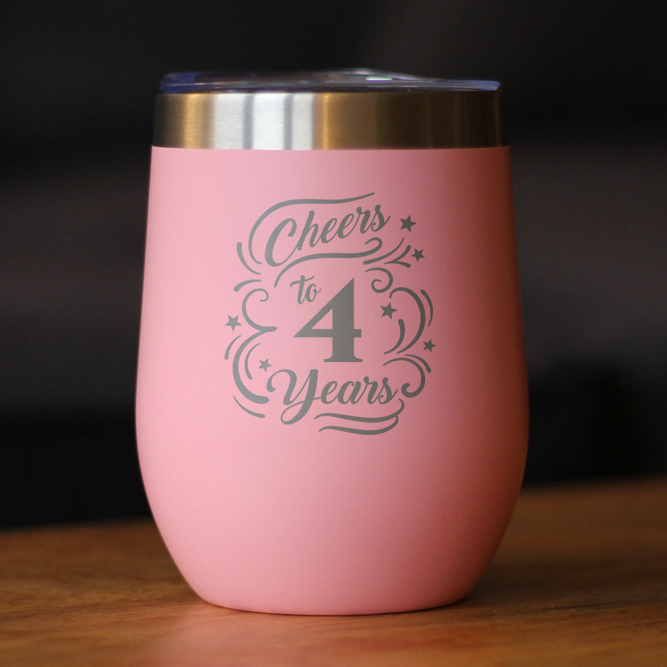 Cheers to 4 Years - Wine Tumbler Glass with Sliding Lid - Stainless Steel Insulated Mug - 4th Anniversary Gifts and Party Decor