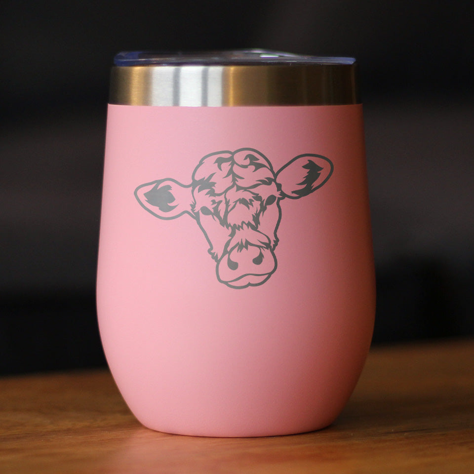 Cow Face - Wine Tumbler Glass with Sliding Lid - Stainless Steel Insulated Mug - Cow Gift for Women and Men