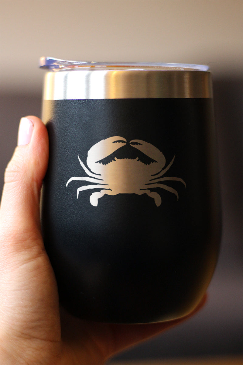 Crab Silhouette - Wine Tumbler Glass with Sliding Lid - Stainless Steel Insulated Mug - Crab Gifts and Decor for Women and Men