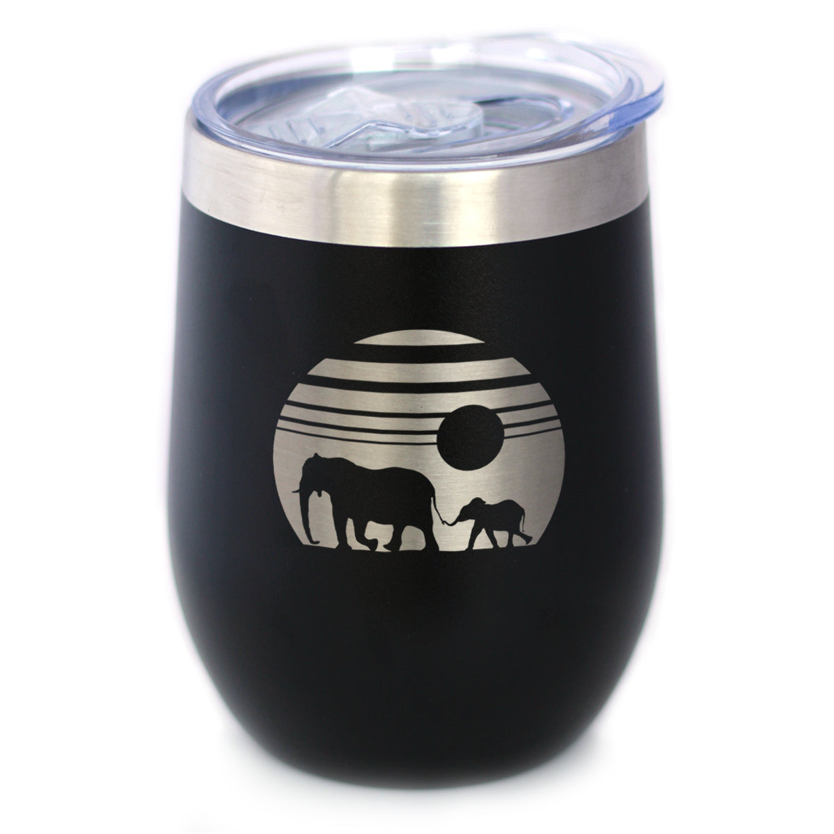 Elephant Sunset - Wine Tumbler Glass with Sliding Lid - Stainless Steel Insulated Mug - Unique Safari Gift for Women and Men