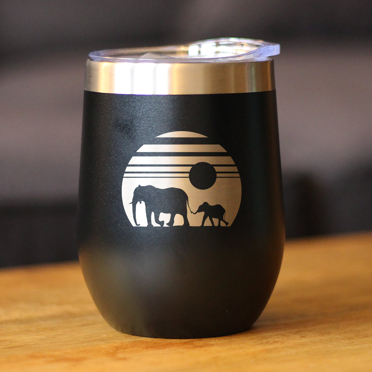 Elephant Sunset - Wine Tumbler Glass with Sliding Lid - Stainless Steel Insulated Mug - Unique Safari Gift for Women and Men