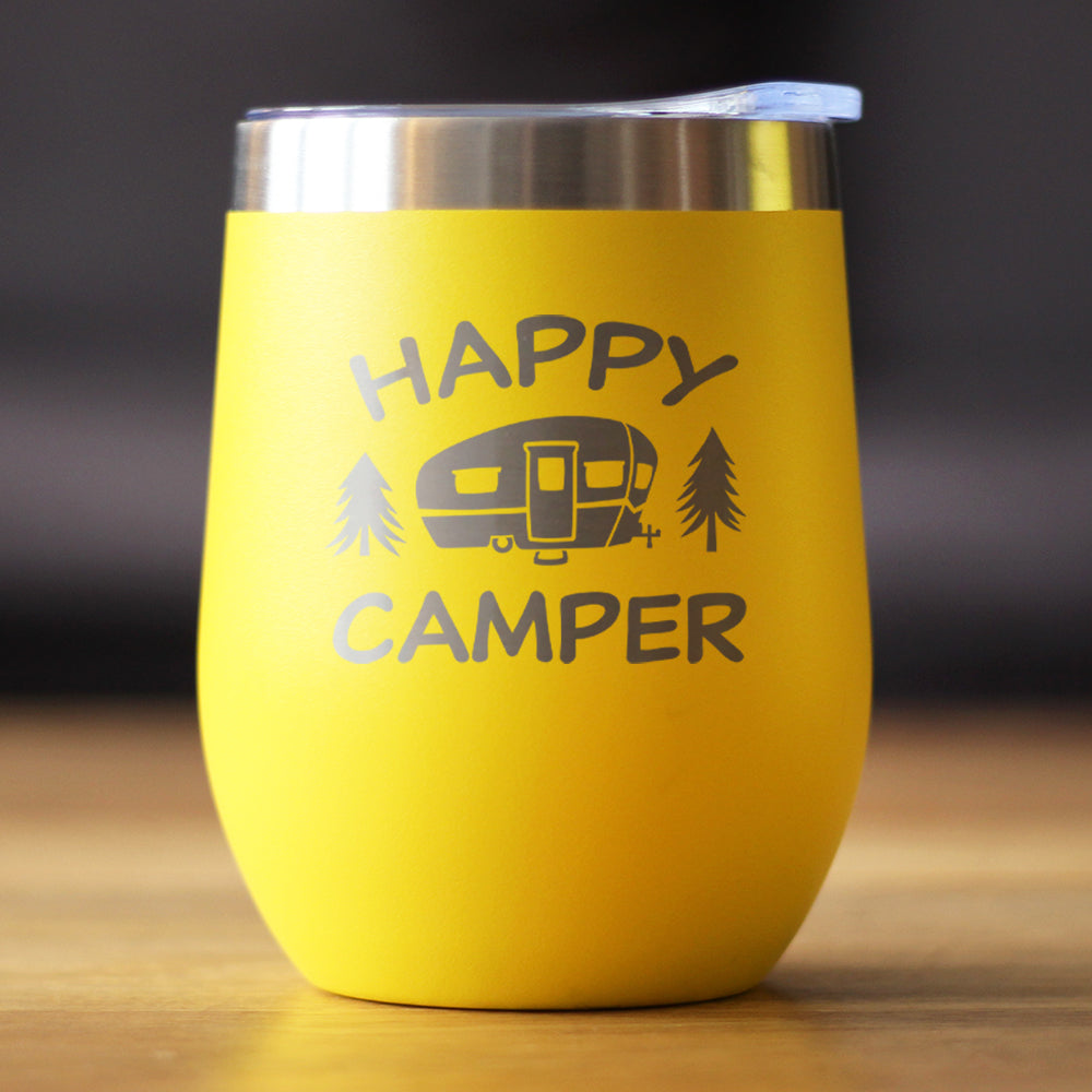 Happy Camper Wine Tumbler with Sliding Lid - Stemless Stainless Steel Insulated Cup - Cute Outdoor Camping Mug
