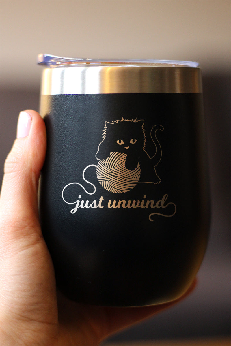 Just Unwind - Cat Wine Tumbler Glass with Sliding Lid - Stainless Steel Travel Mug - Unique Cat Gifts for Women and Men