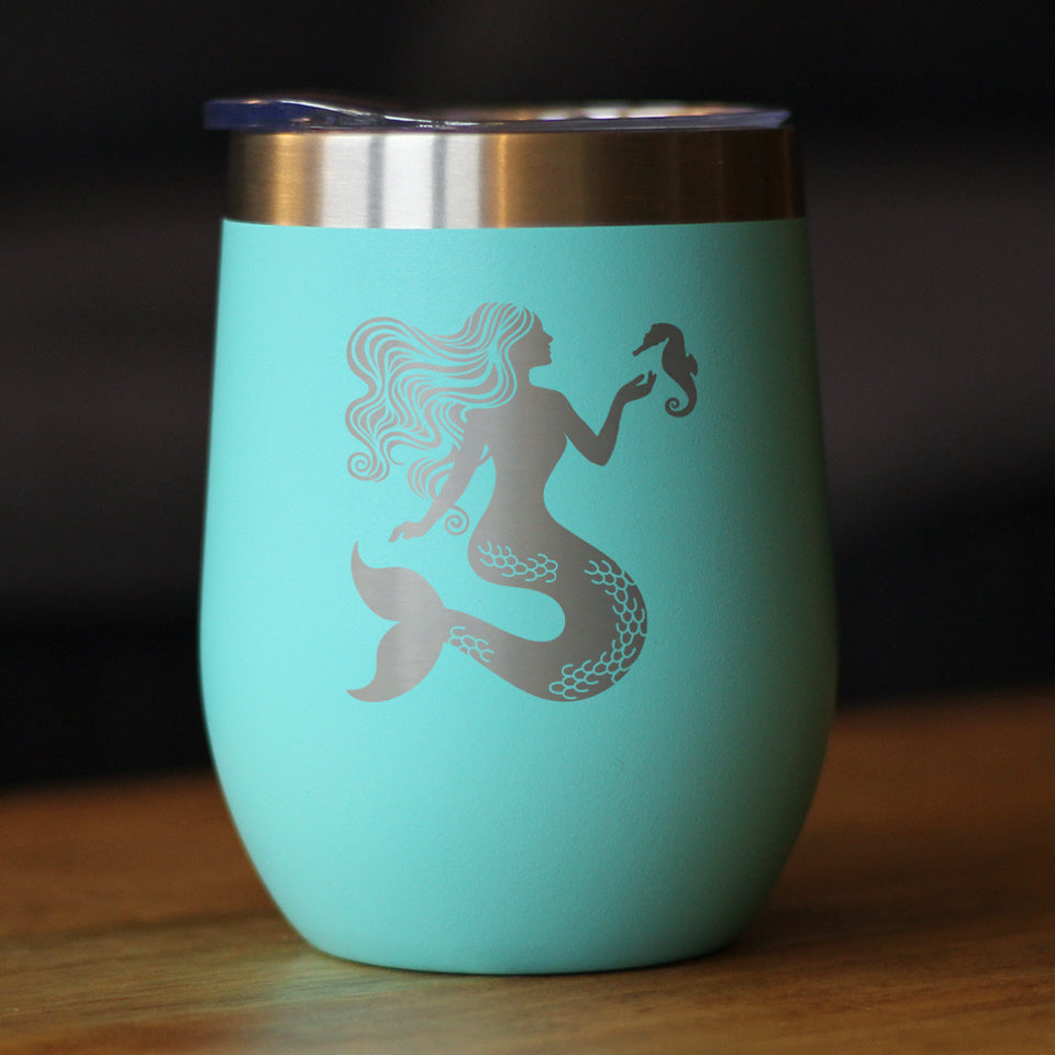 Mermaid - Wine Tumbler Glass with Sliding Lid - Stainless Steel Travel Mug - Cute Mermaid Gifts for Women