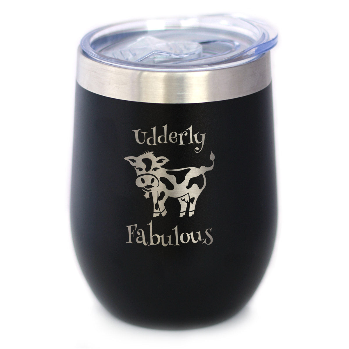Udderly Fabulous - Cow Wine Tumbler with Sliding Lid - Stemless Stainless Steel Insulated Cup - Funny Outdoor Camping Mug