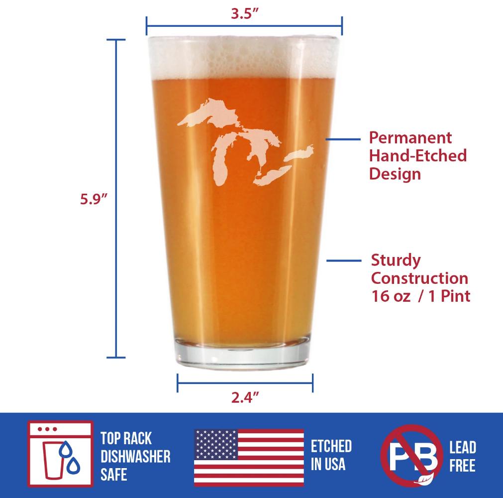 Great Lakes Map Pint Glass Gift for Beer Drinking Men &amp; Women - 16 oz Glassware - Unique Engraved Barware Gifts