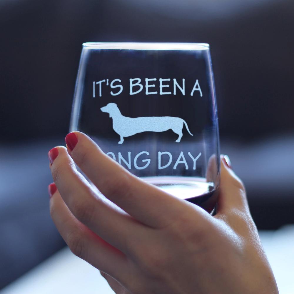 Long Day – Cute Funny Dachshund Stemless Wine Glass, Large Glasses, Etched Sayings, Gift Box